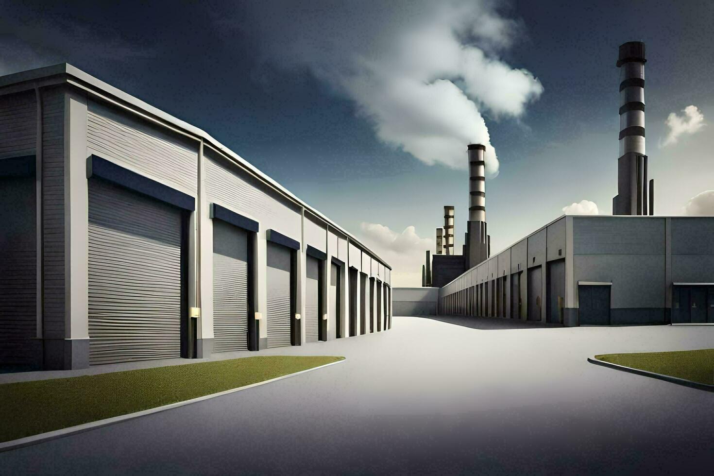 a factory with a large garage door and smoke stacks. AI-Generated photo