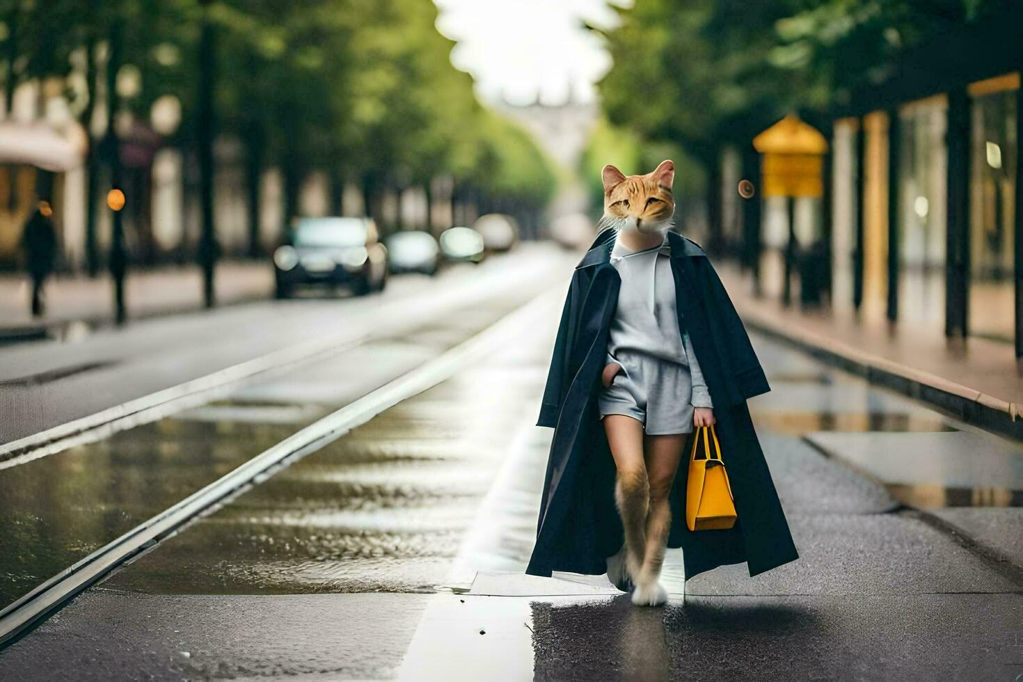 un mujer en un Saco y sombrero caminando abajo un calle. generado por ai foto