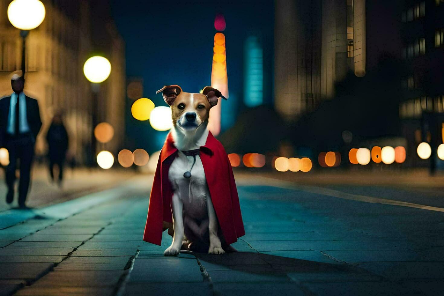 a dog wearing a red cape on the street at night. AI-Generated photo