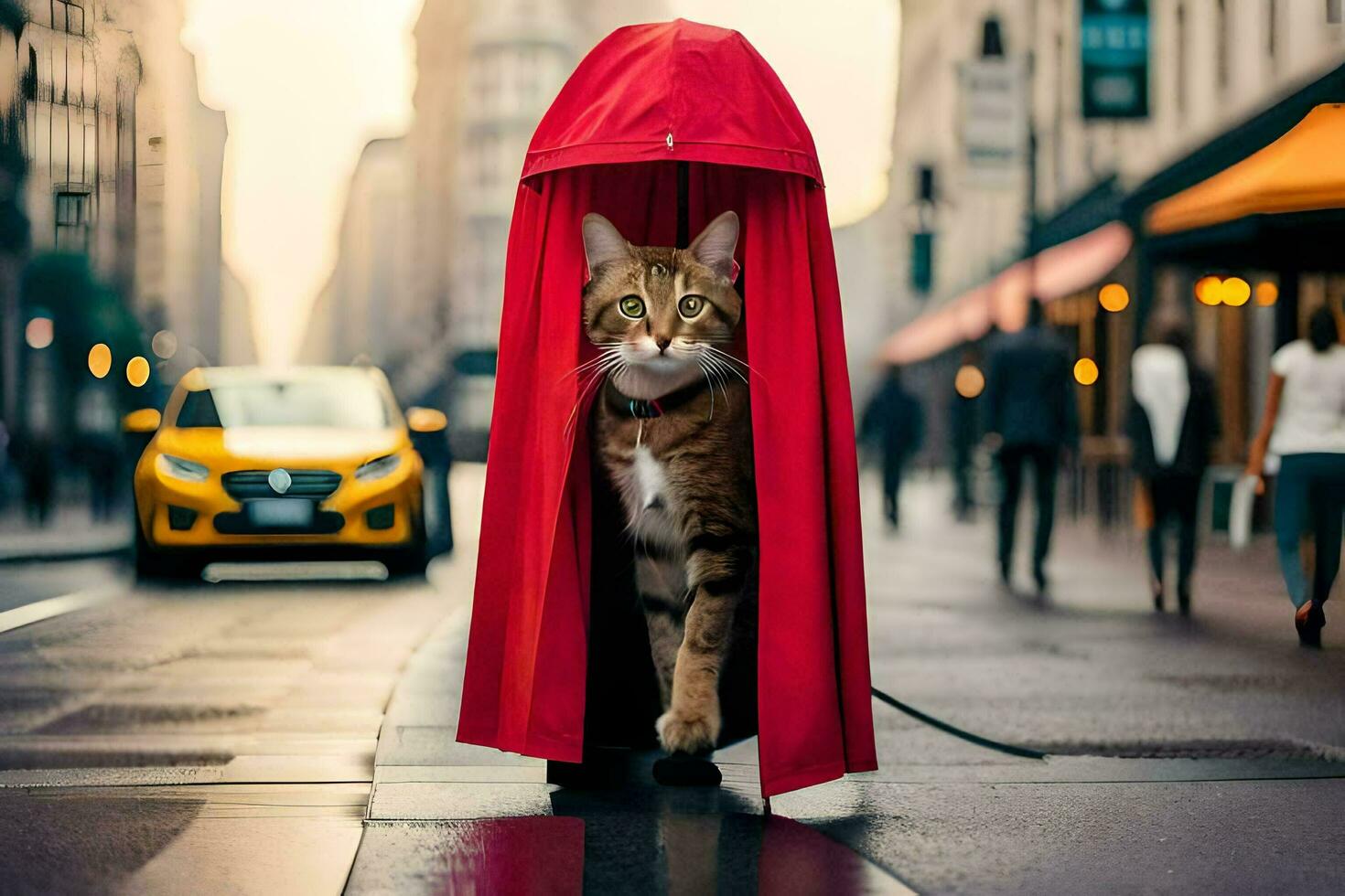 a cat in a red cape walking down a street. AI-Generated photo