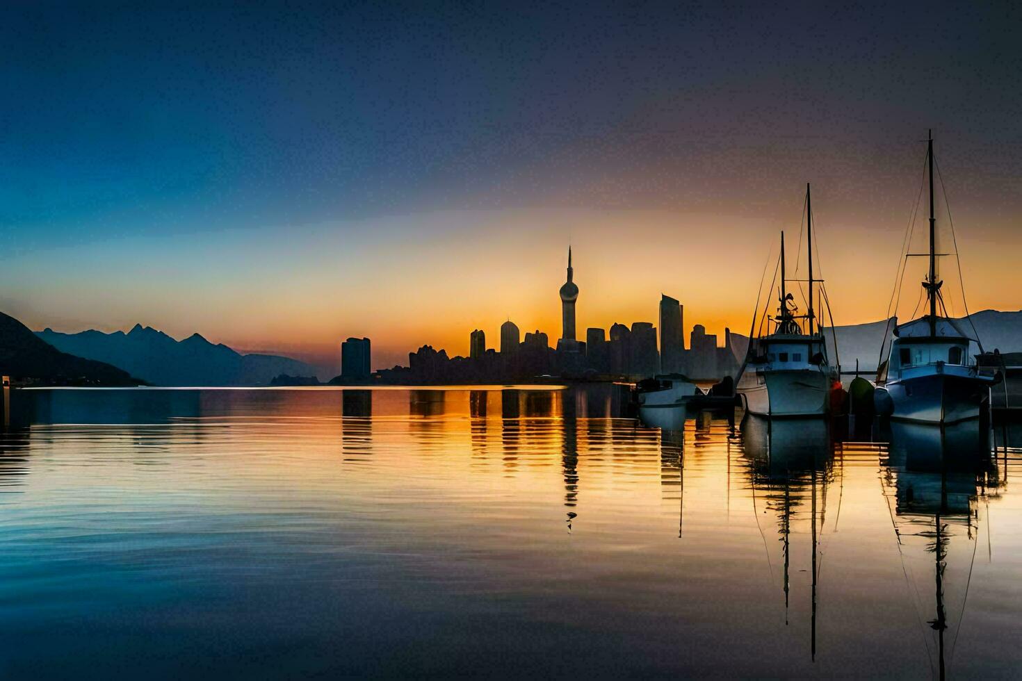 barcos son atracado en el agua a puesta de sol. generado por ai foto