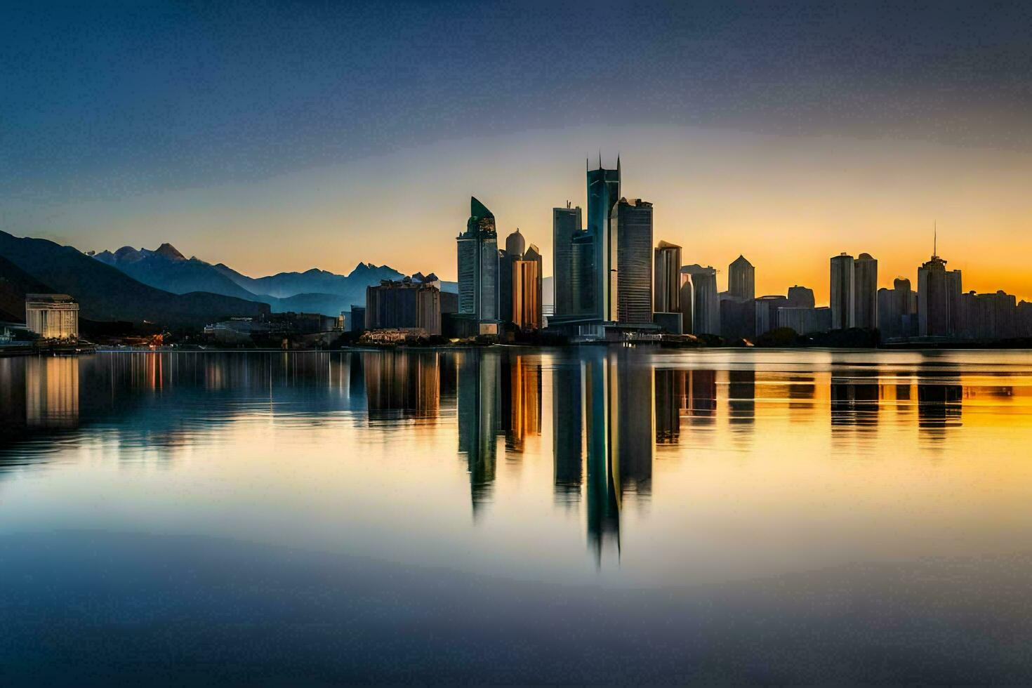 the city skyline is reflected in the water at sunset. AI-Generated photo