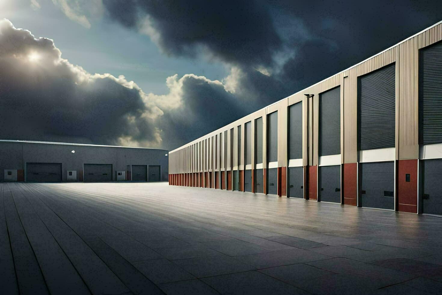 a large warehouse with a sky filled with dark clouds. AI-Generated photo