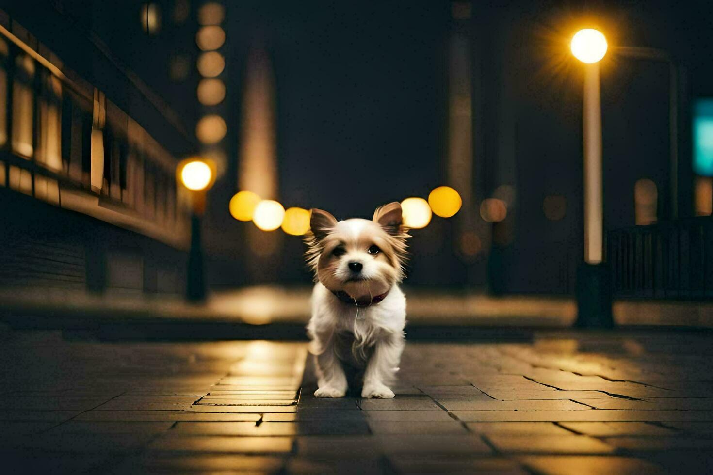 a small dog standing on a street at night. AI-Generated photo