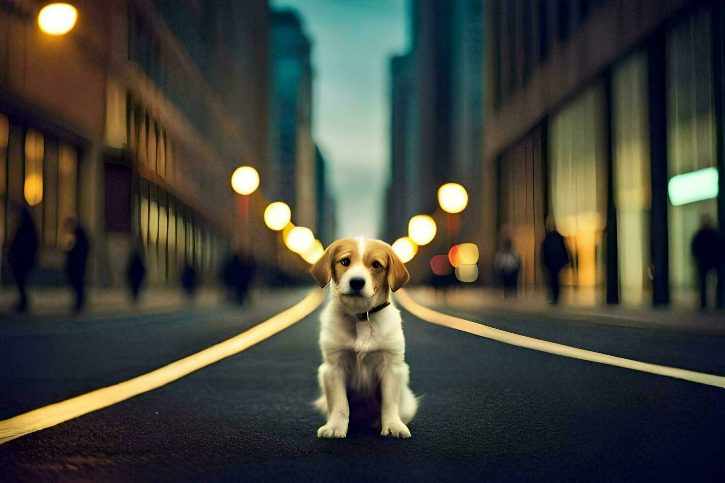 un perro sentado en el calle en un ciudad. generado por ai foto