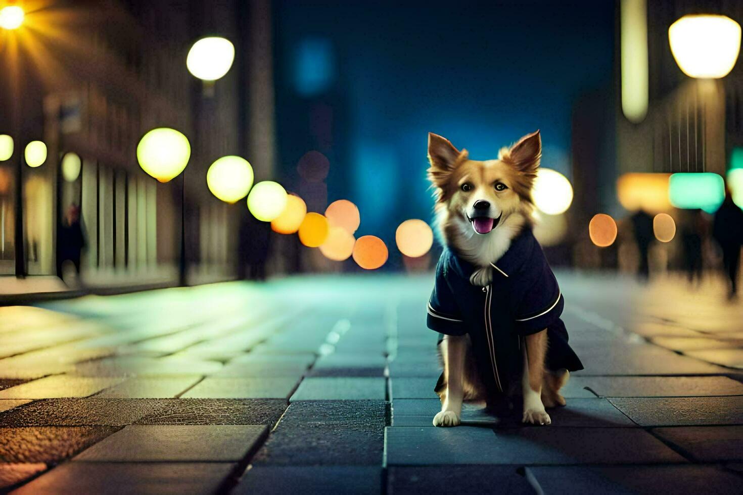 a dog wearing a jacket sits on the street at night. AI-Generated photo