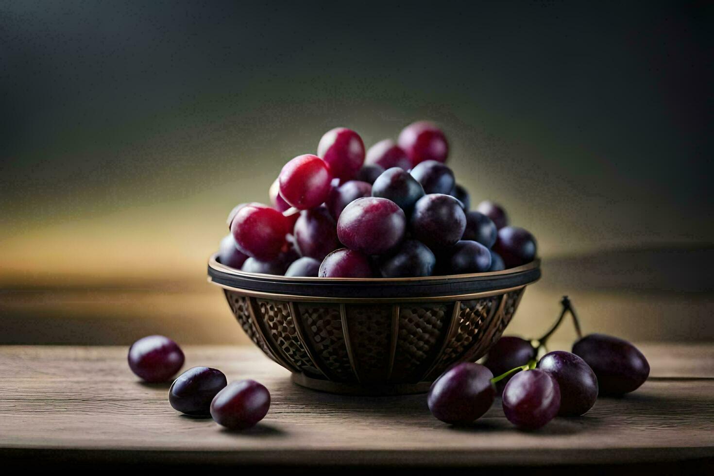 grapes in a bowl on a table. AI-Generated photo