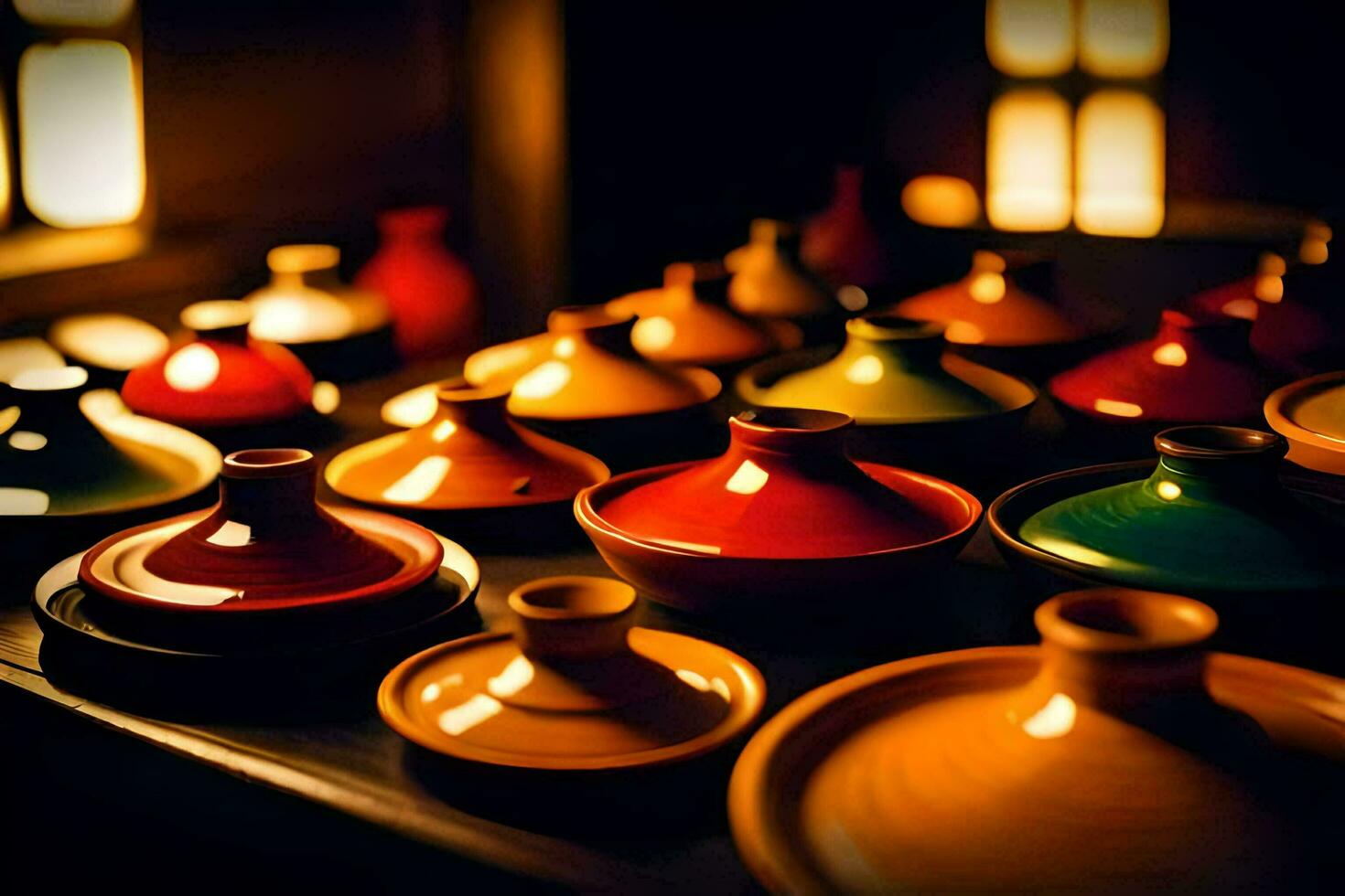 colorful pots and bowls sit on a table. AI-Generated photo