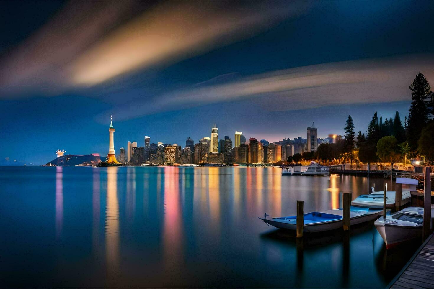 the city skyline at night with boats docked on the water. AI-Generated photo