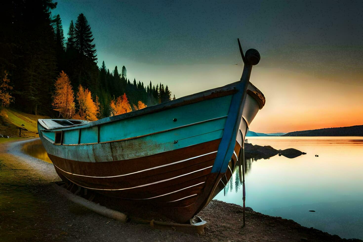 a boat sits on the shore of a lake at sunset. AI-Generated photo