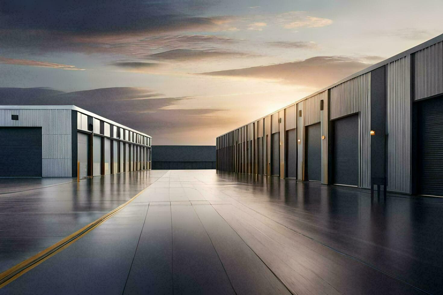 a large warehouse with two large doors. AI-Generated photo