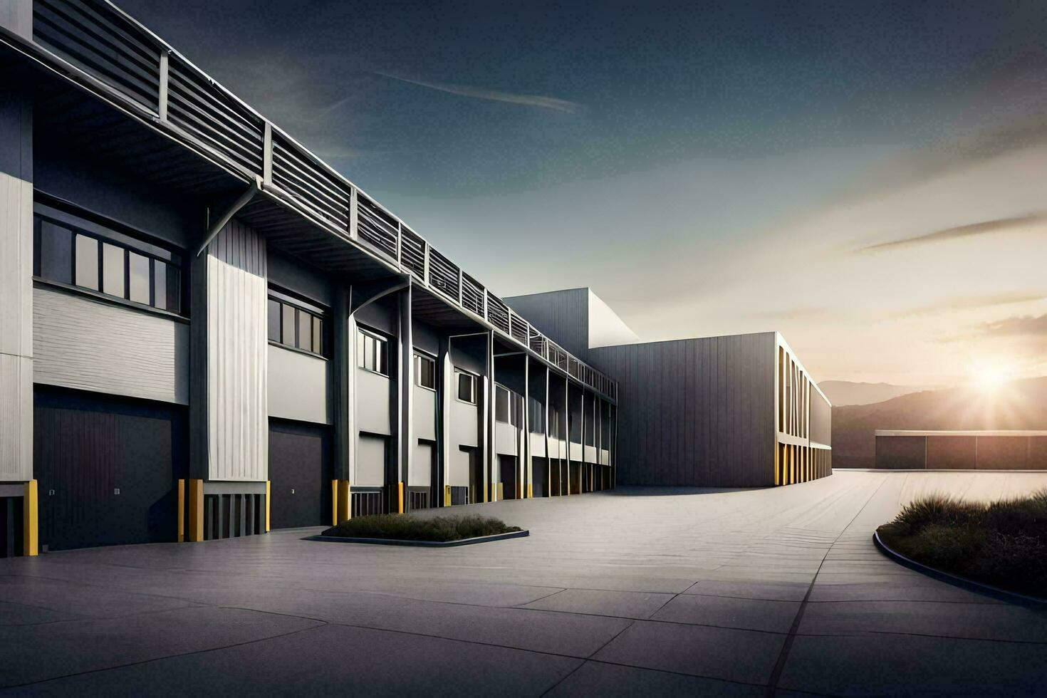 a large warehouse building with a sun setting behind it. AI-Generated photo