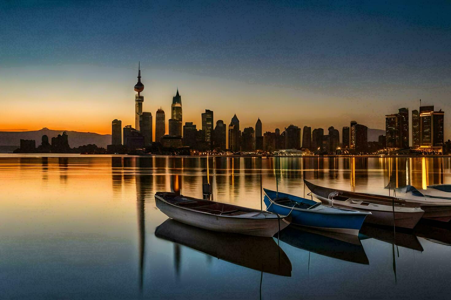 boats are docked in the water at sunset. AI-Generated photo