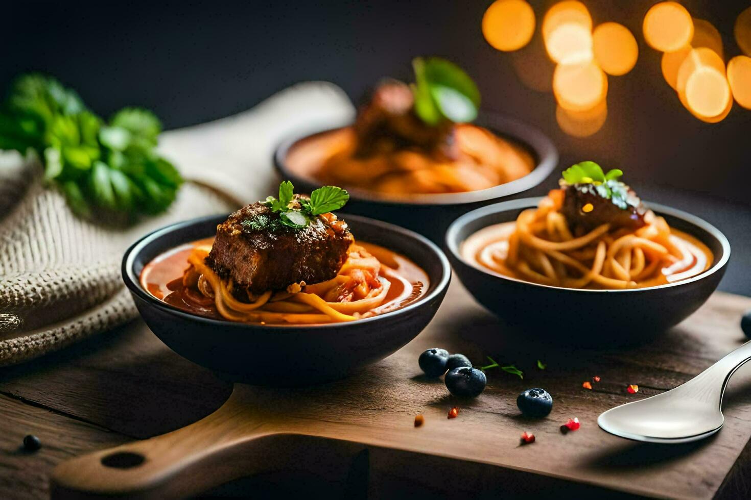 spaghetti with meat and vegetables in a bowl. AI-Generated photo