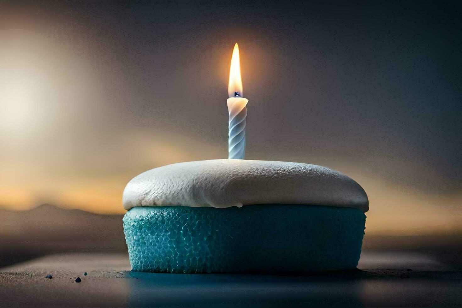 a blue cupcake with a single candle. AI-Generated photo