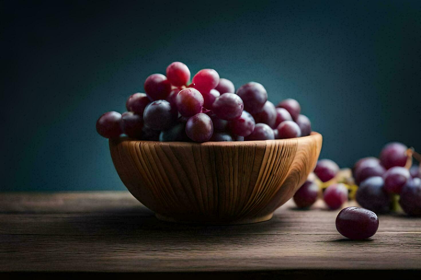 grapes in a wooden bowl on a dark background. AI-Generated photo