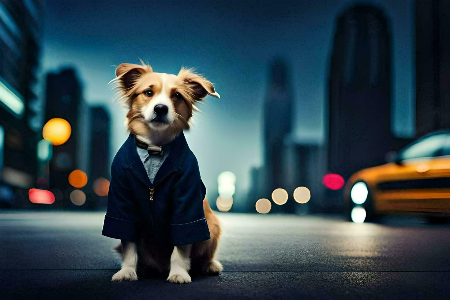 a dog in a suit and tie sitting on the street. AI-Generated photo