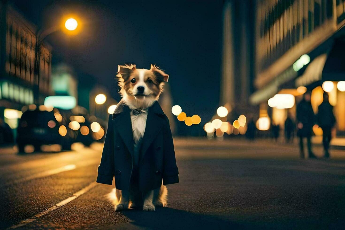 a dog in a tuxedo standing on the street at night. AI-Generated photo