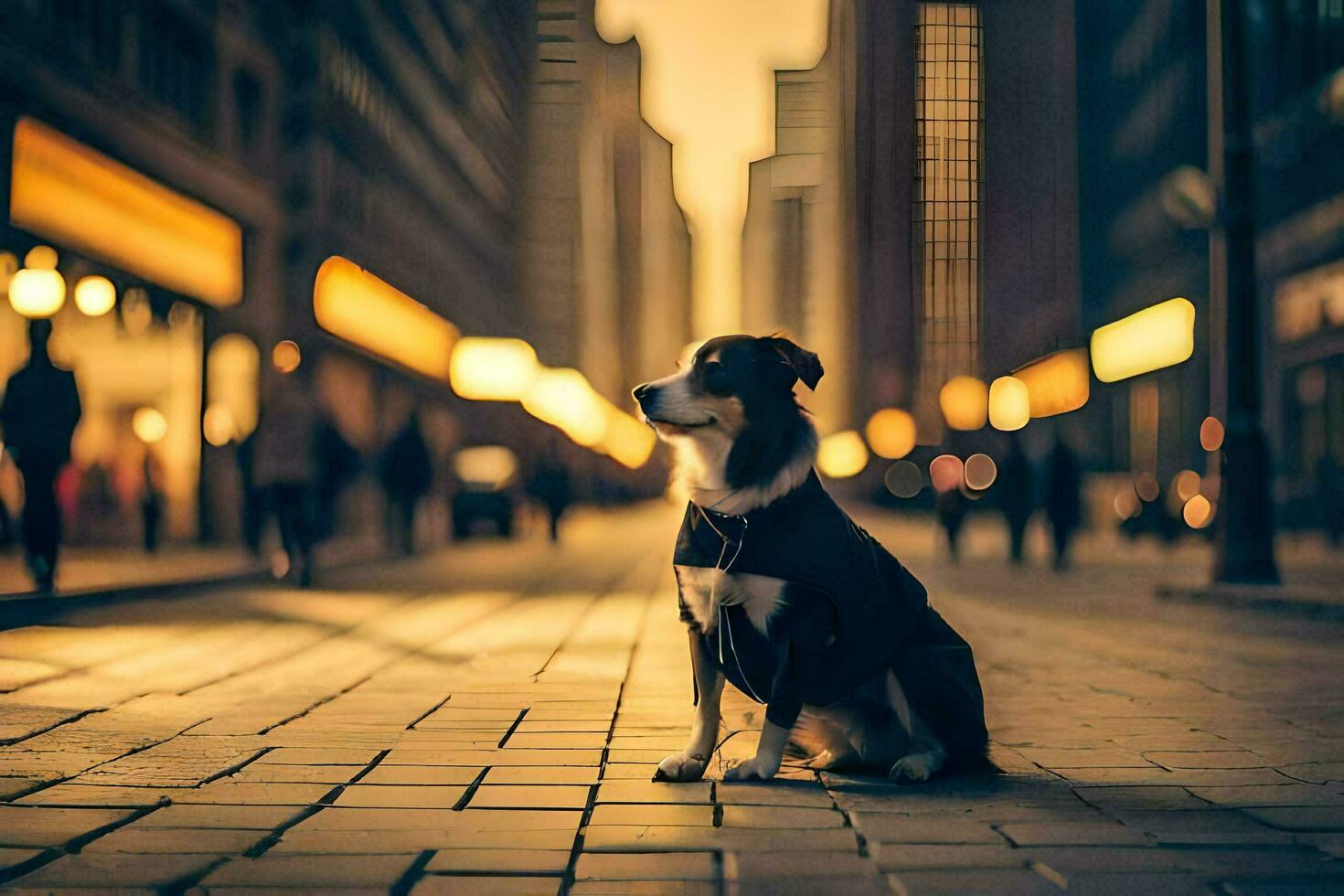 a dog sitting on the street in the city. AI-Generated photo