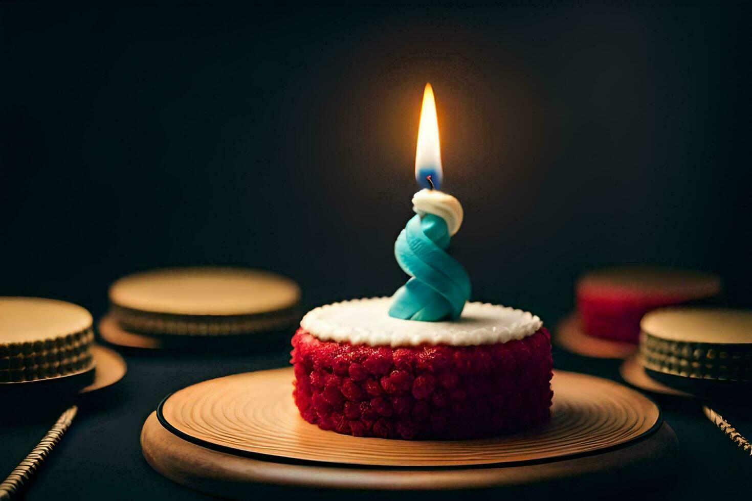 a small red cake with a blue candle. AI-Generated photo