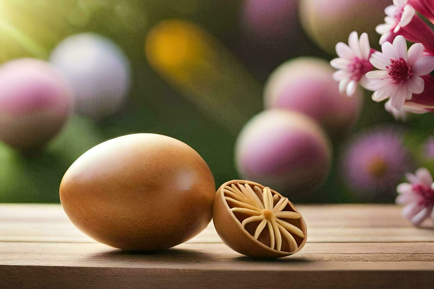 a wooden egg and a flower on a table. AI-Generated photo