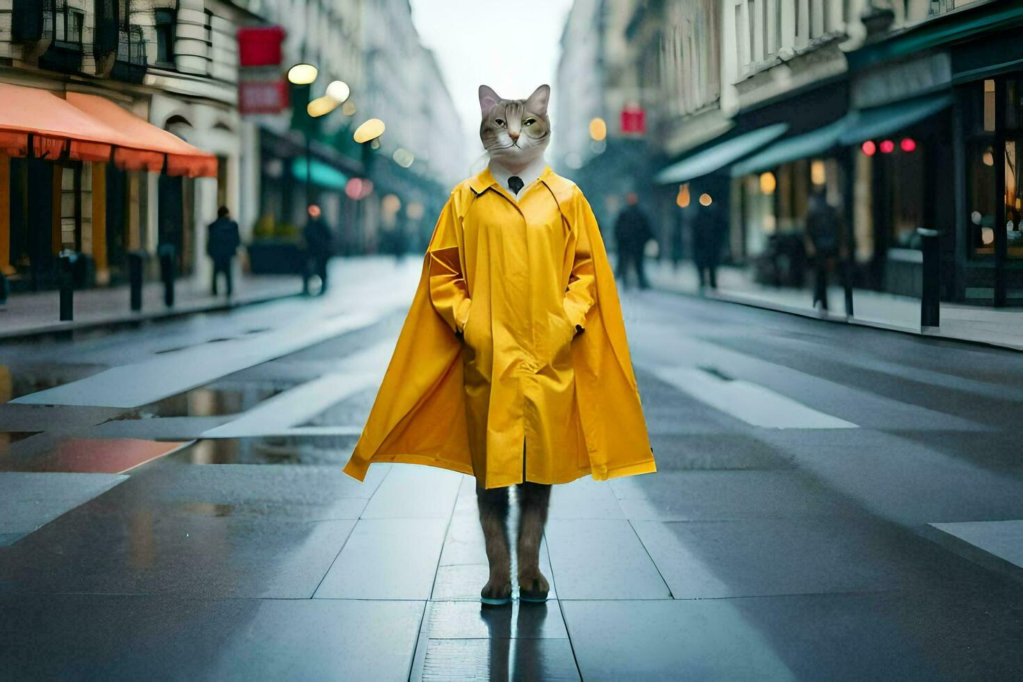 a cat wearing a yellow raincoat on a rainy street. AI-Generated photo