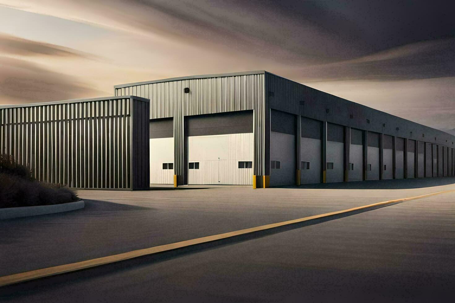 a large industrial building with two doors. AI-Generated photo