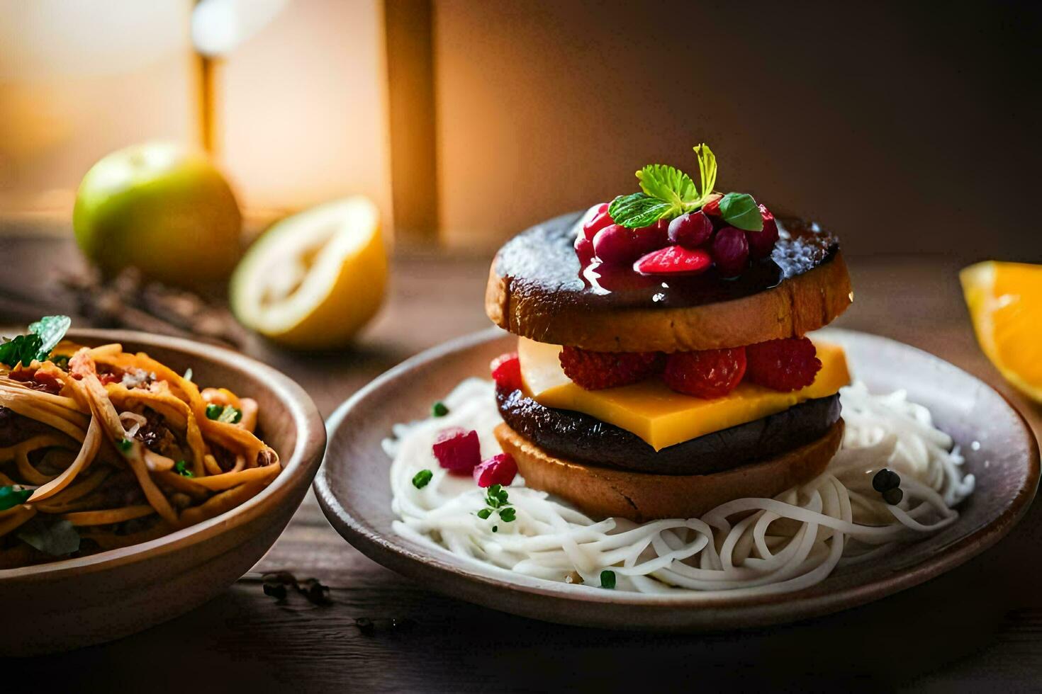 a hamburger with berries and noodles on a plate. AI-Generated photo