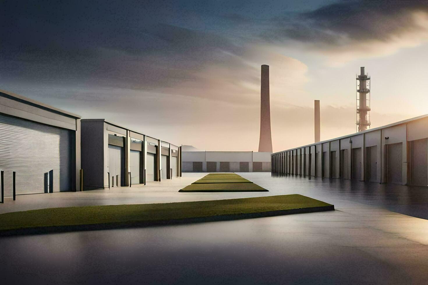 a warehouse with a large building in the background. AI-Generated photo