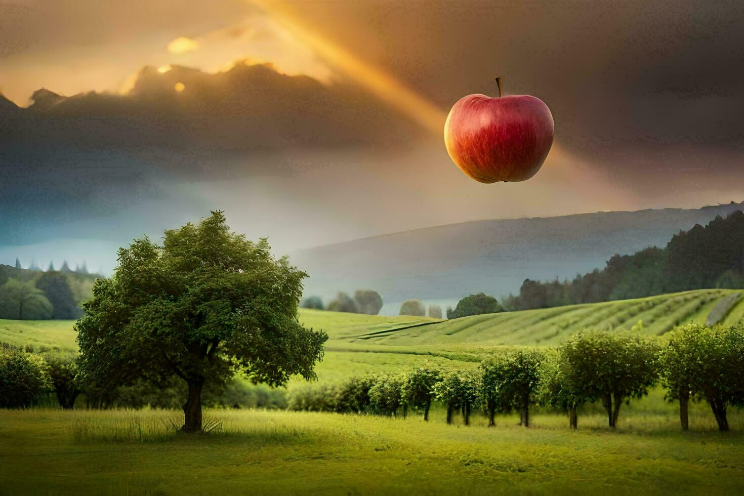an apple is flying over a field with trees. AI-Generated photo