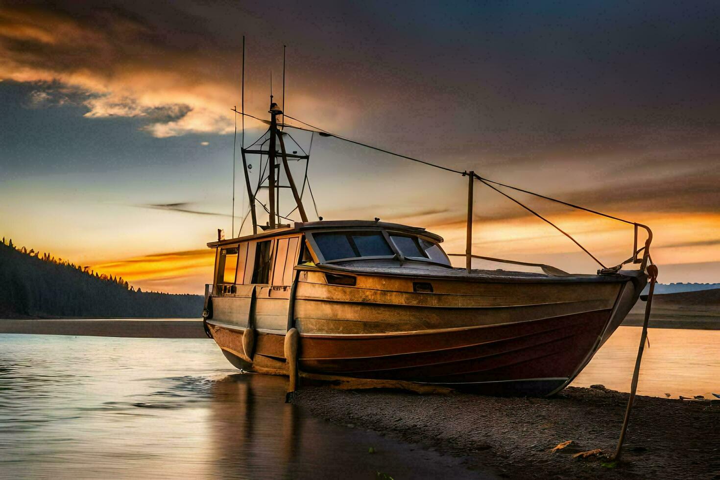 a boat sits on the shore at sunset. AI-Generated photo