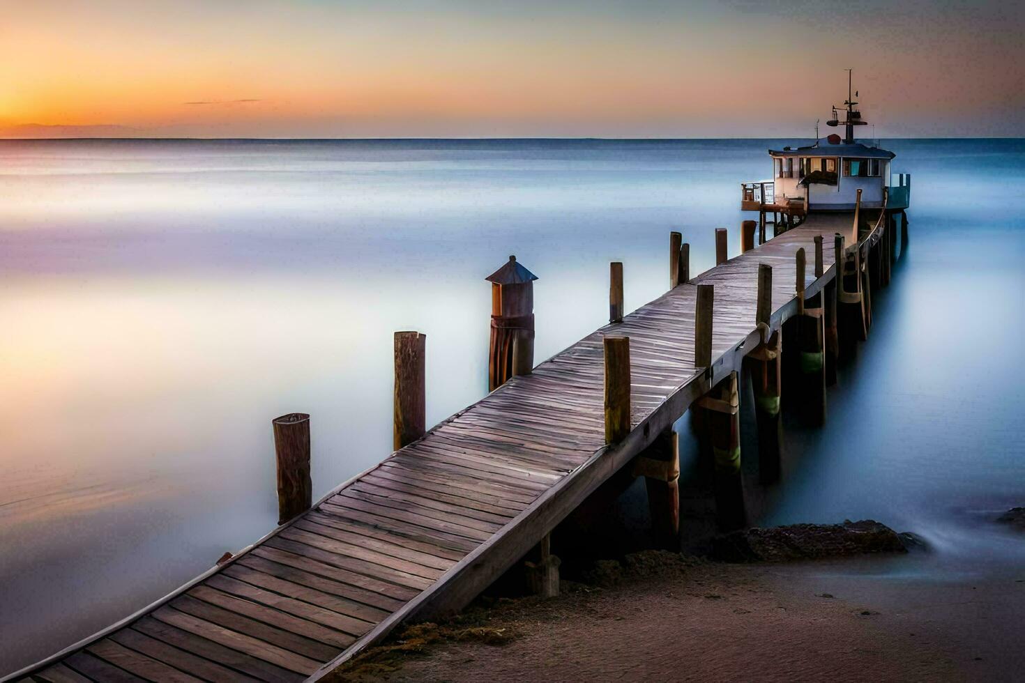 a pier at sunset with a boat on it. AI-Generated photo