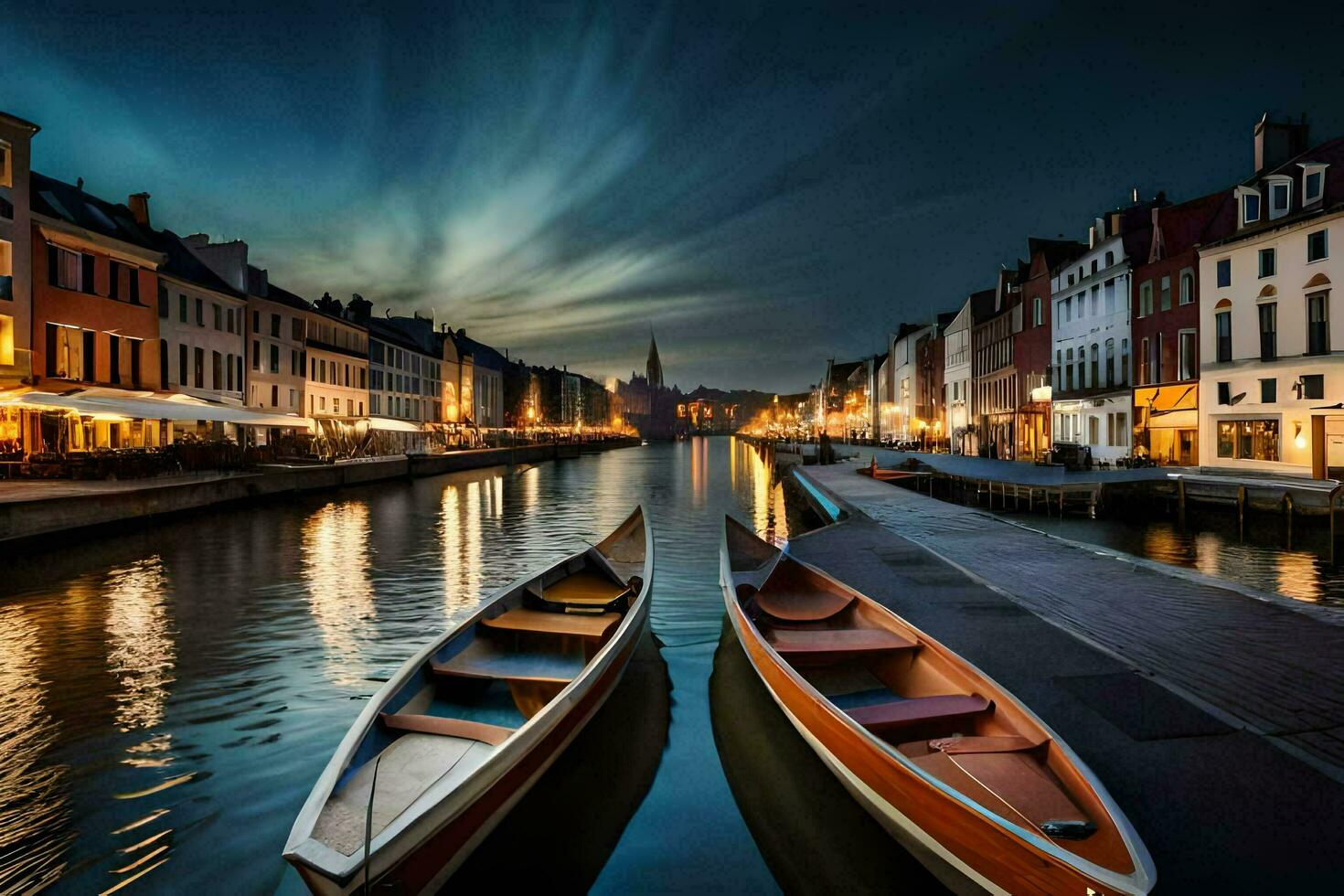 two boats sit on the water in front of buildings. AI-Generated photo