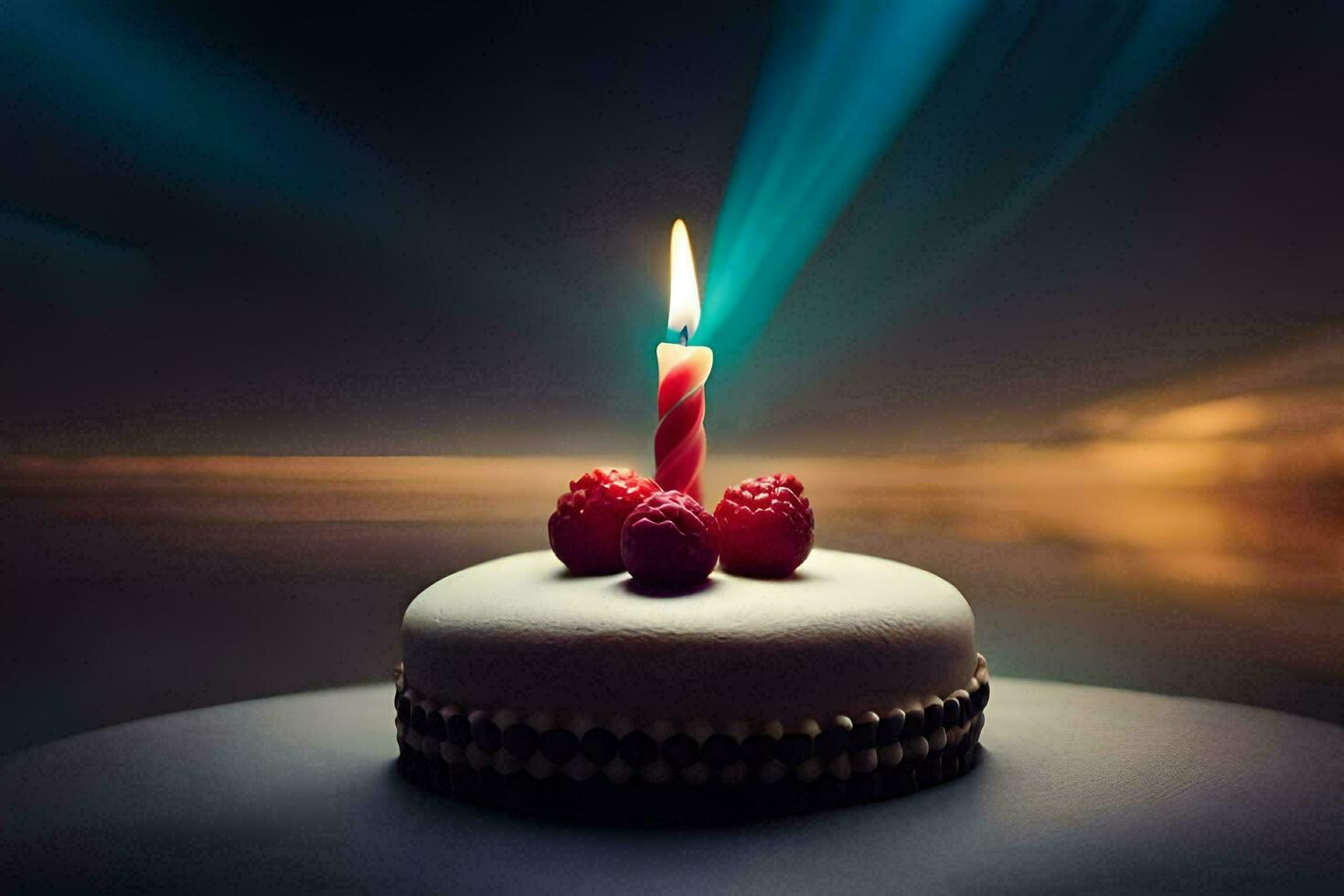 a birthday cake with a single candle on top. AI-Generated photo