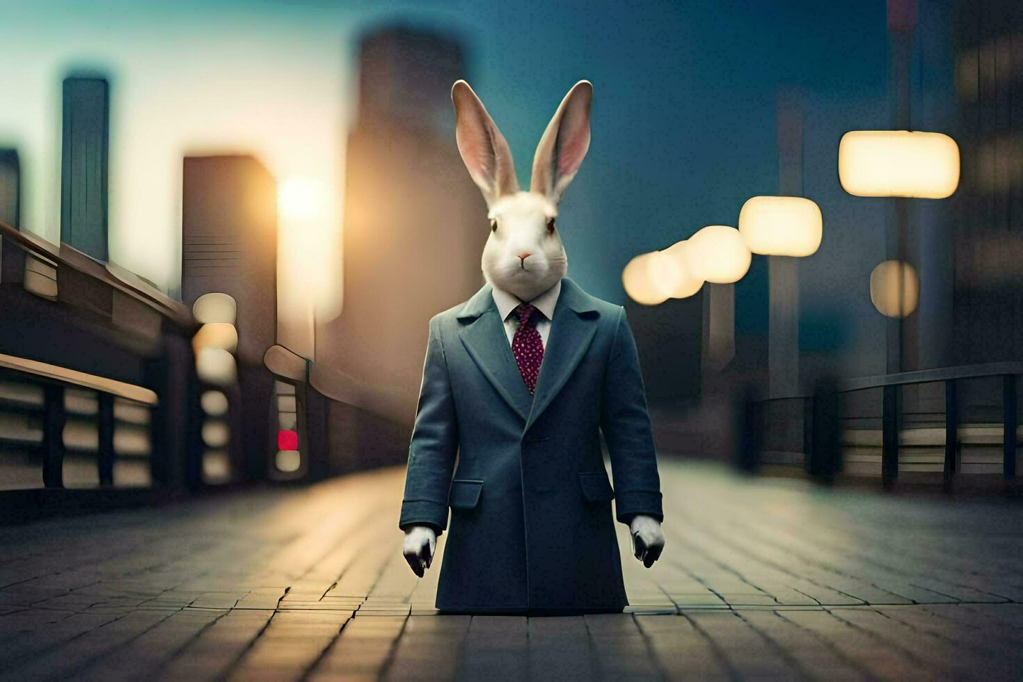 a rabbit wearing a suit and tie standing on a bridge. AI-Generated photo