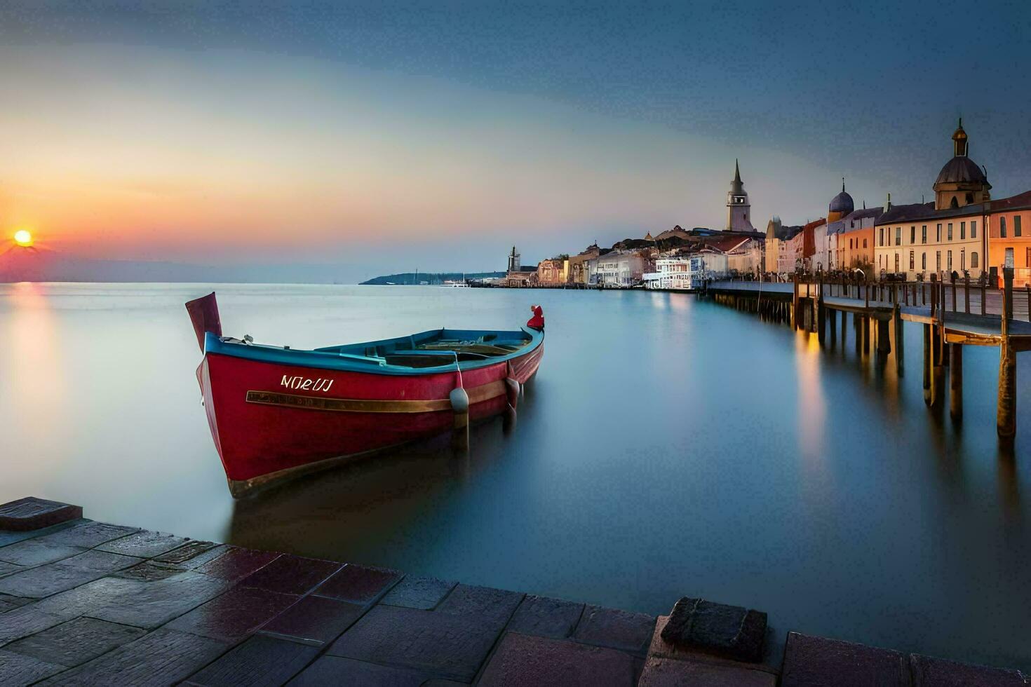 un rojo barco se sienta en el agua a puesta de sol. generado por ai foto