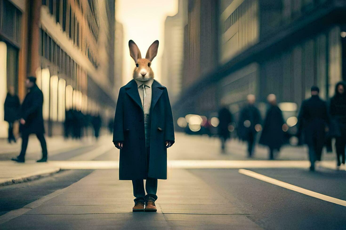 a rabbit wearing a coat and tie standing in the middle of a city street. AI-Generated photo
