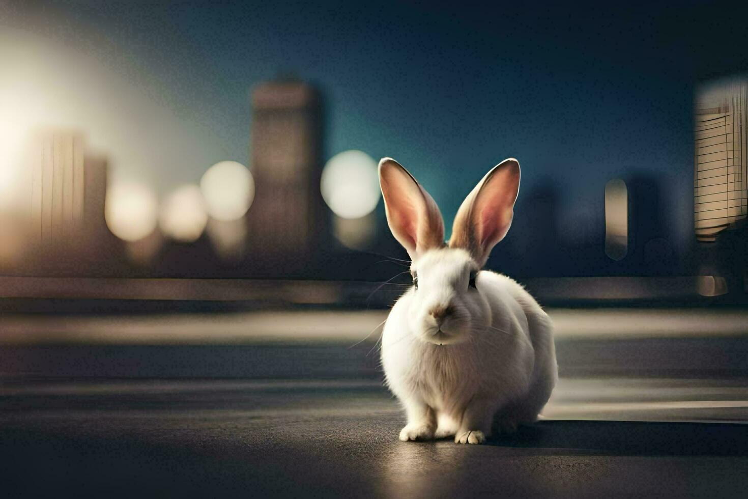 a rabbit is sitting in front of a city skyline. AI-Generated photo