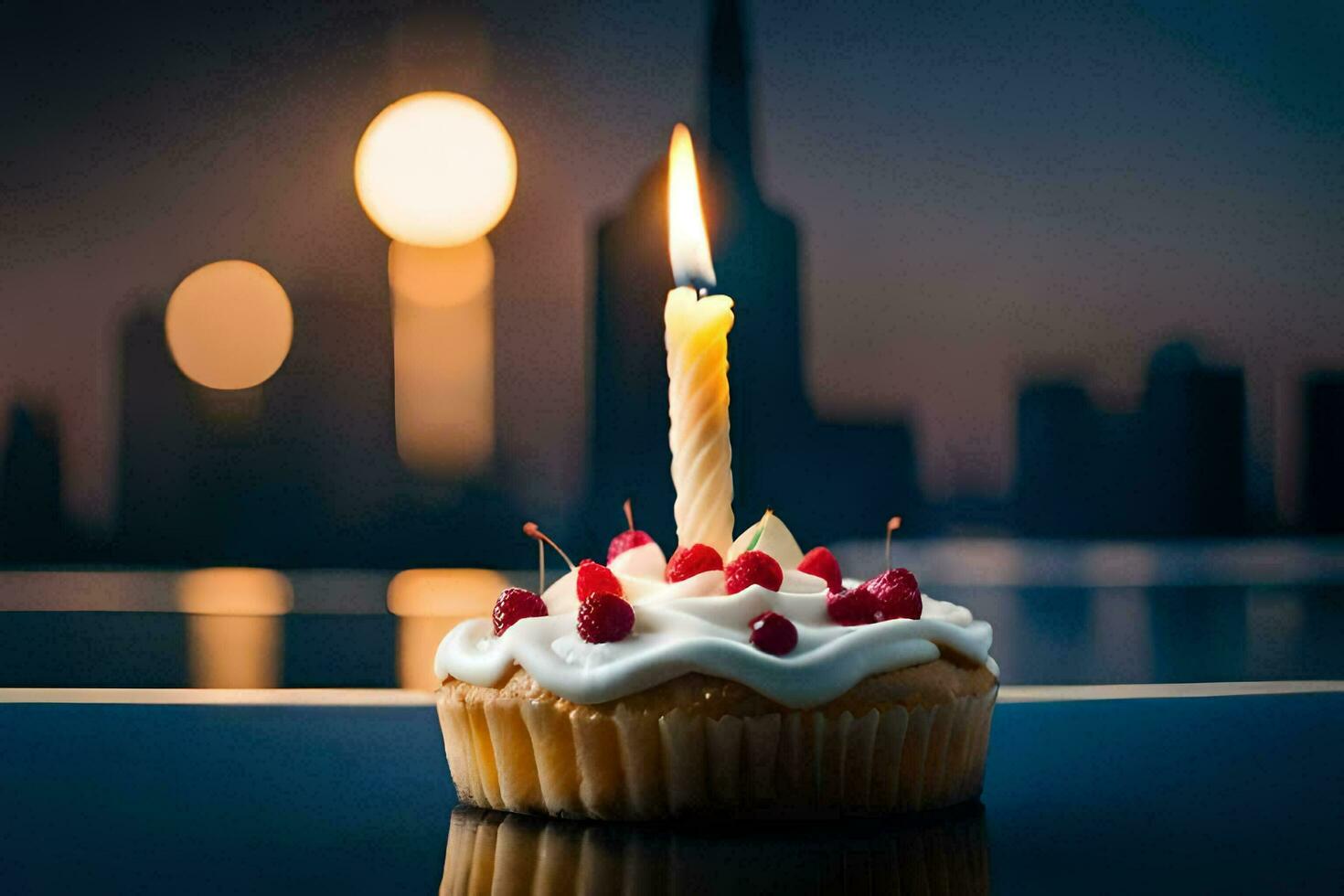 a cupcake with a lit candle on top of a table. AI-Generated photo