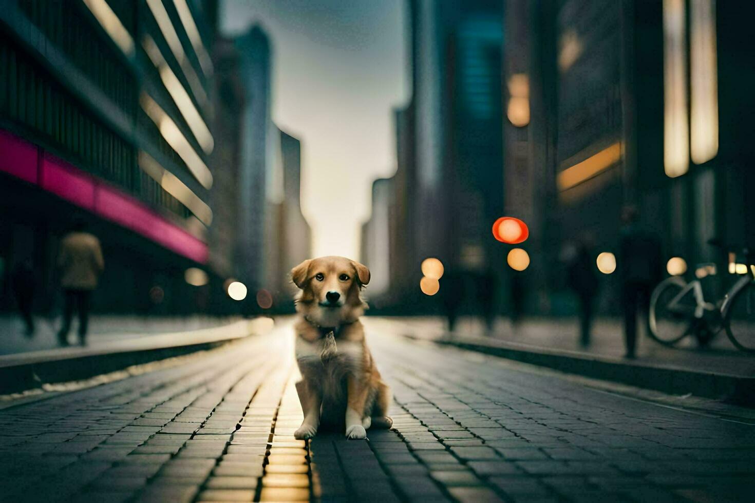 a dog sitting on the street in the city. AI-Generated photo