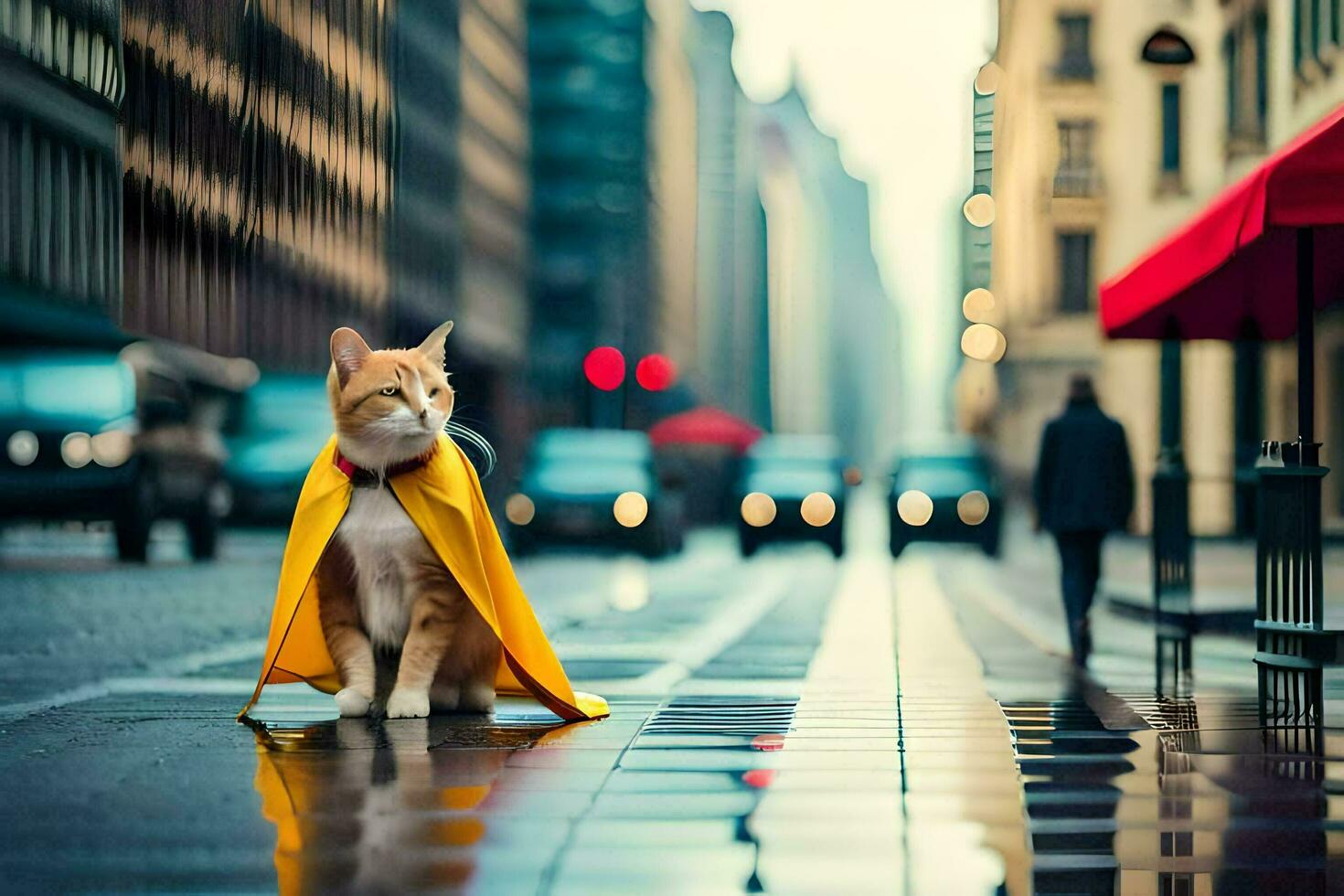 a cat wearing a yellow cape on a city street. AI-Generated photo