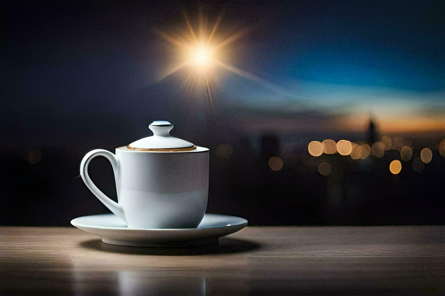 a cup of coffee on a table with a cityscape in the background. AI-Generated photo