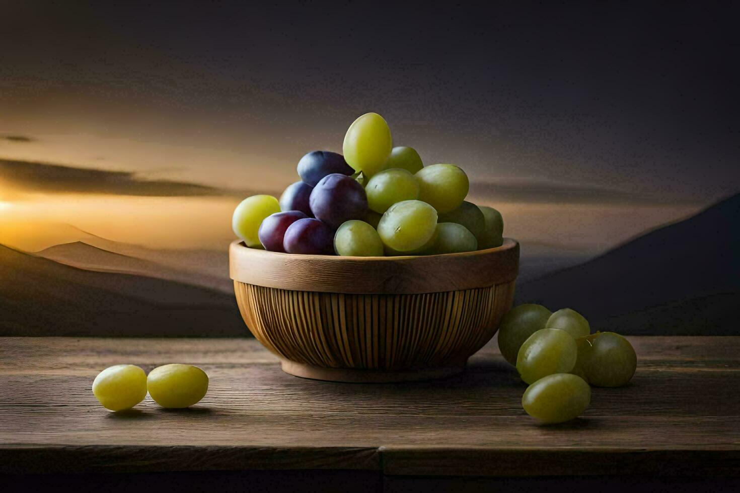 grapes in a bowl on a table. AI-Generated photo