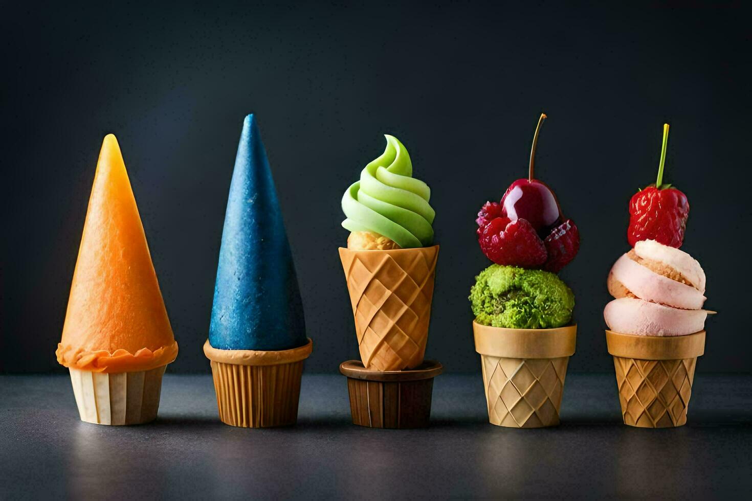 a row of ice cream cones with different flavors. AI-Generated photo