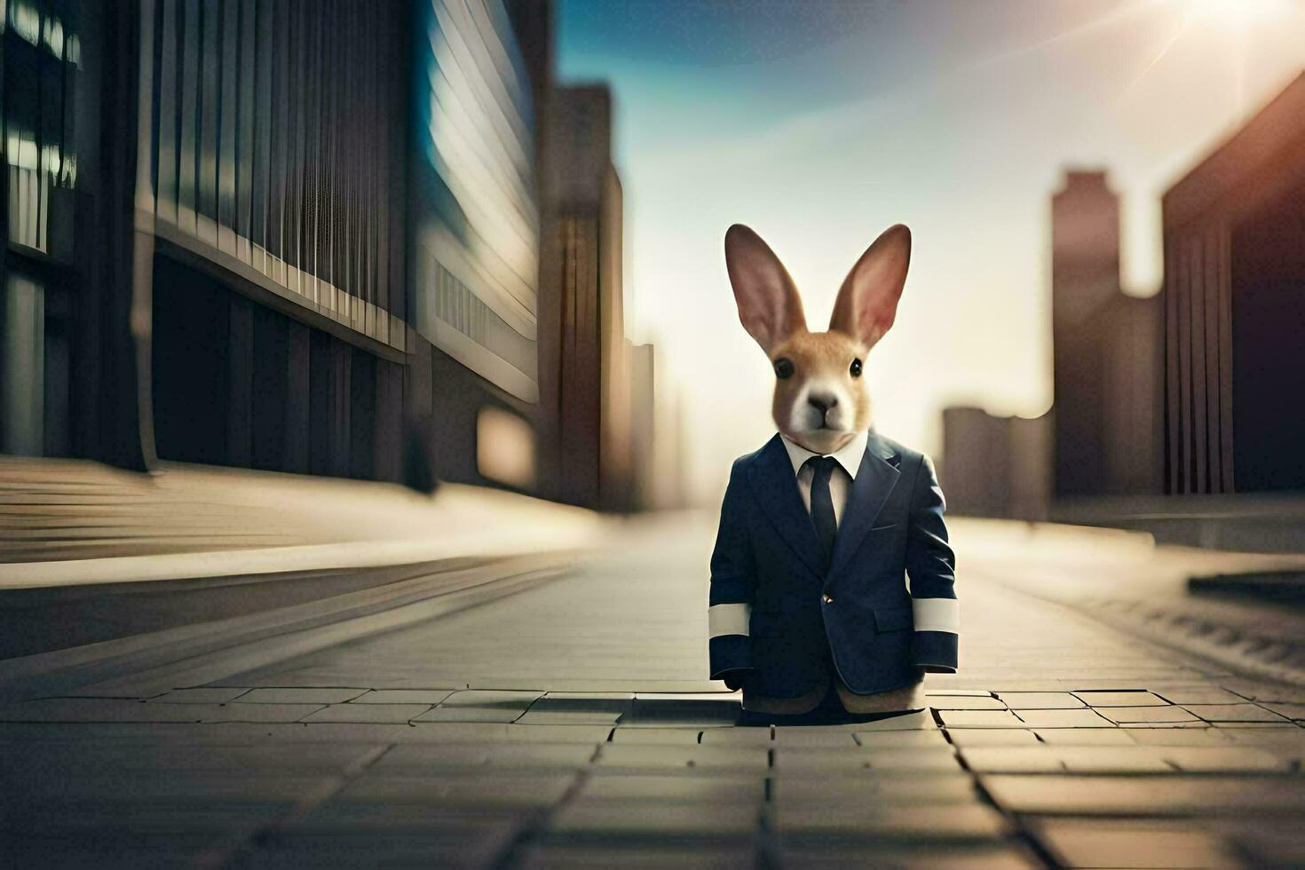 a rabbit wearing a suit and tie on the street. AI-Generated photo