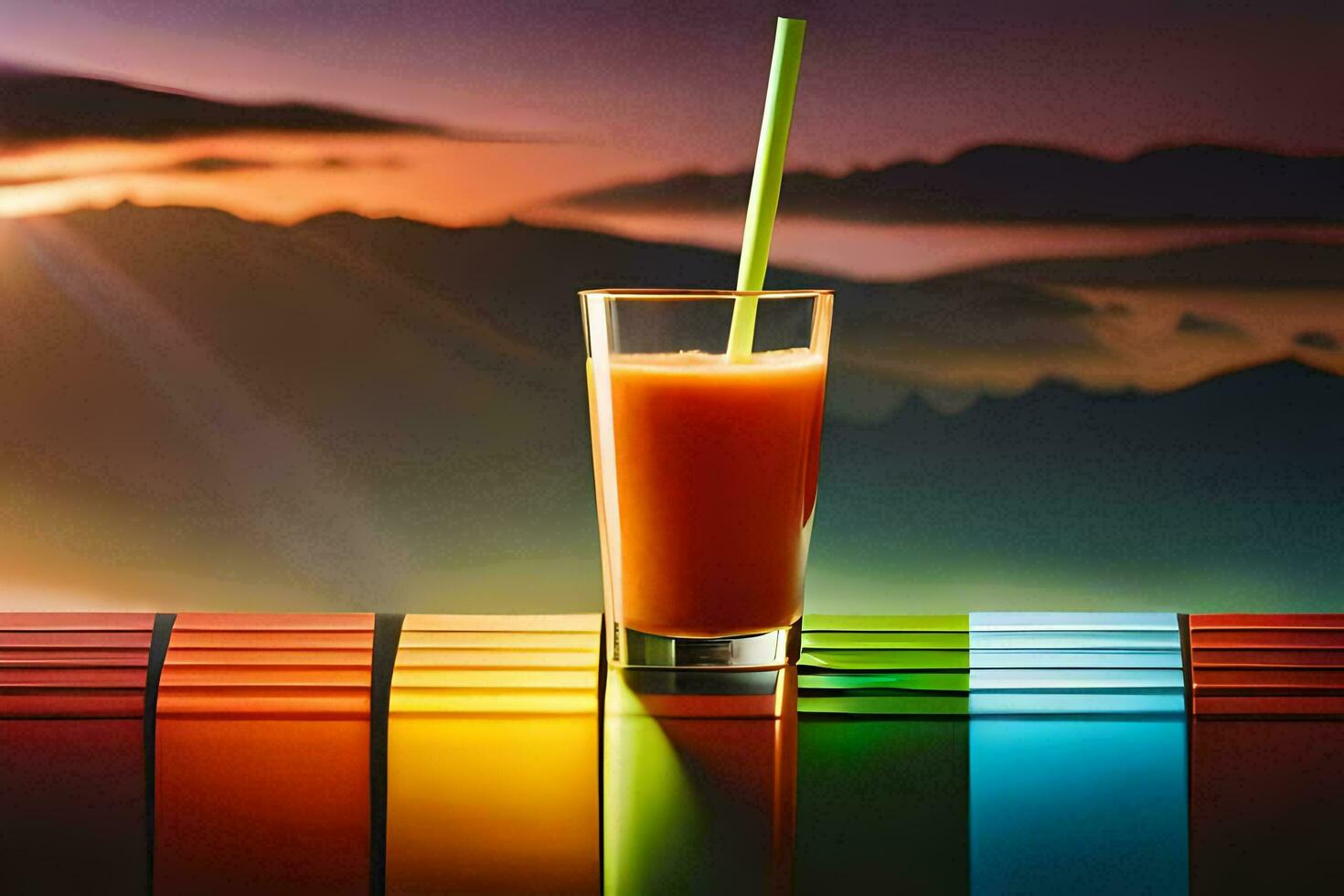 a glass of orange juice on a table with mountains in the background. AI-Generated photo