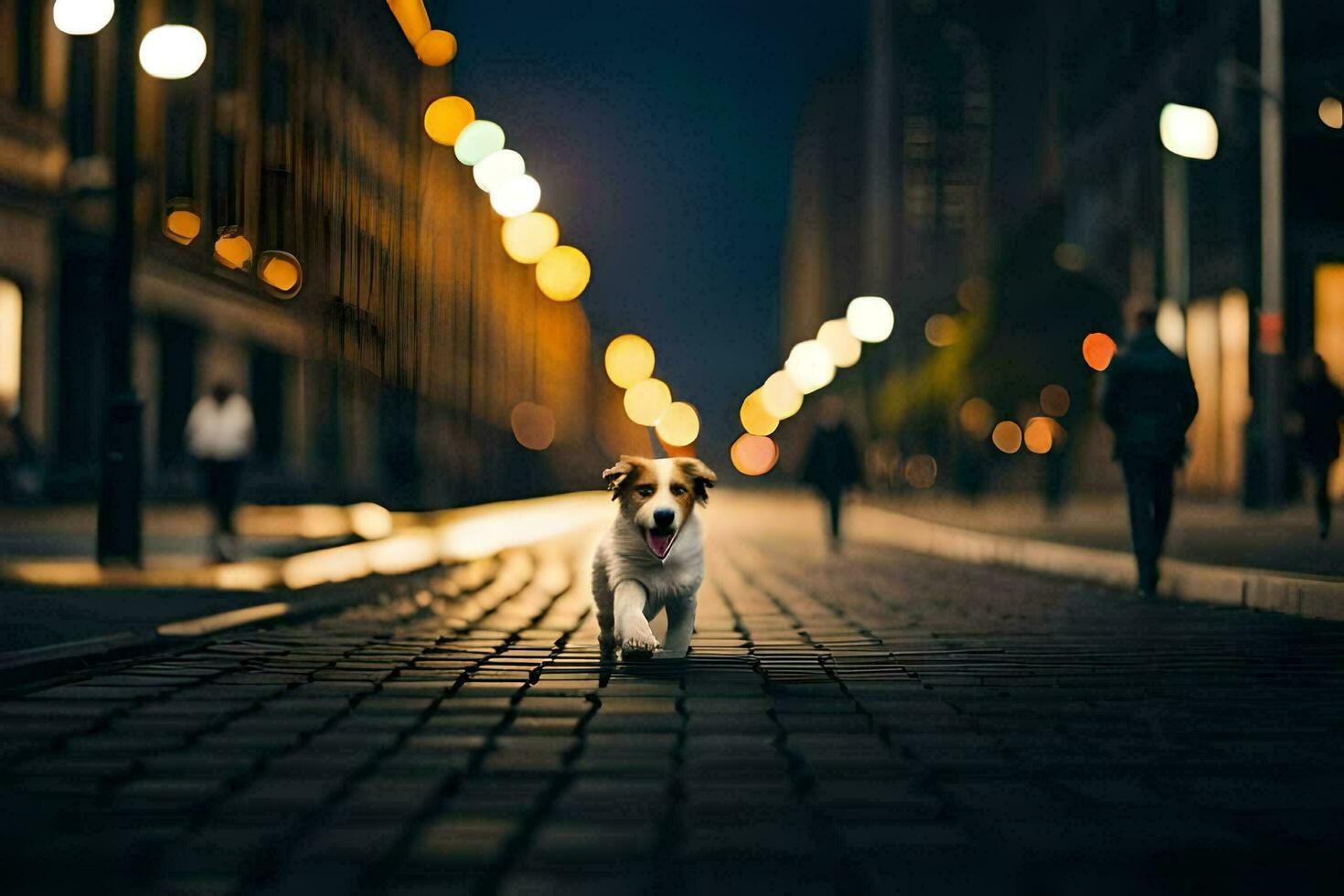 a dog walking down a street at night. AI-Generated photo
