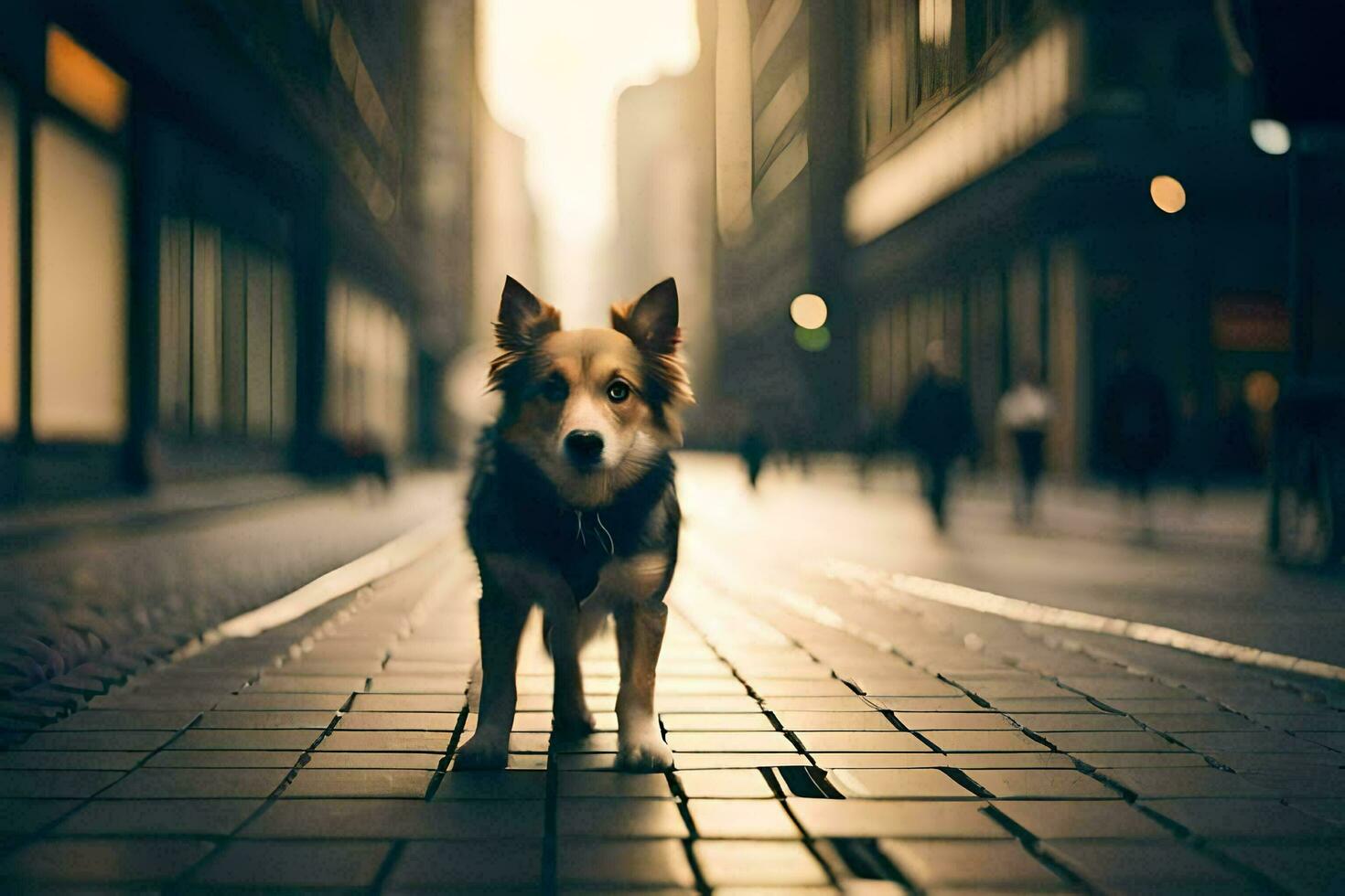 a dog standing on a street in a city. AI-Generated photo
