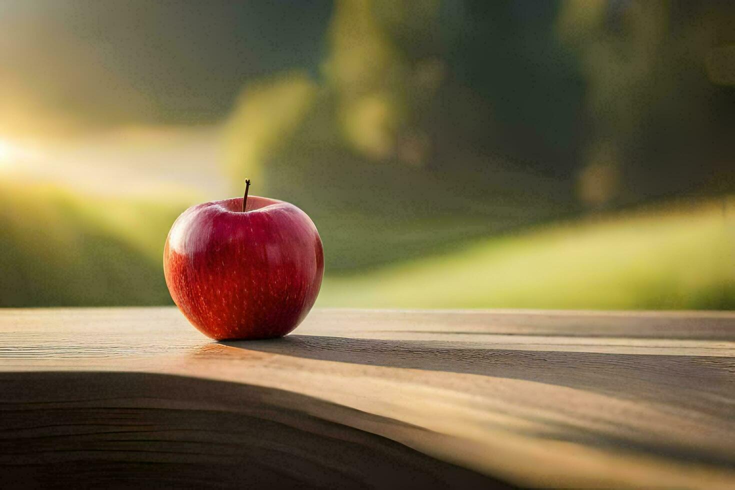 an apple sits on a wooden table in front of a field. AI-Generated photo