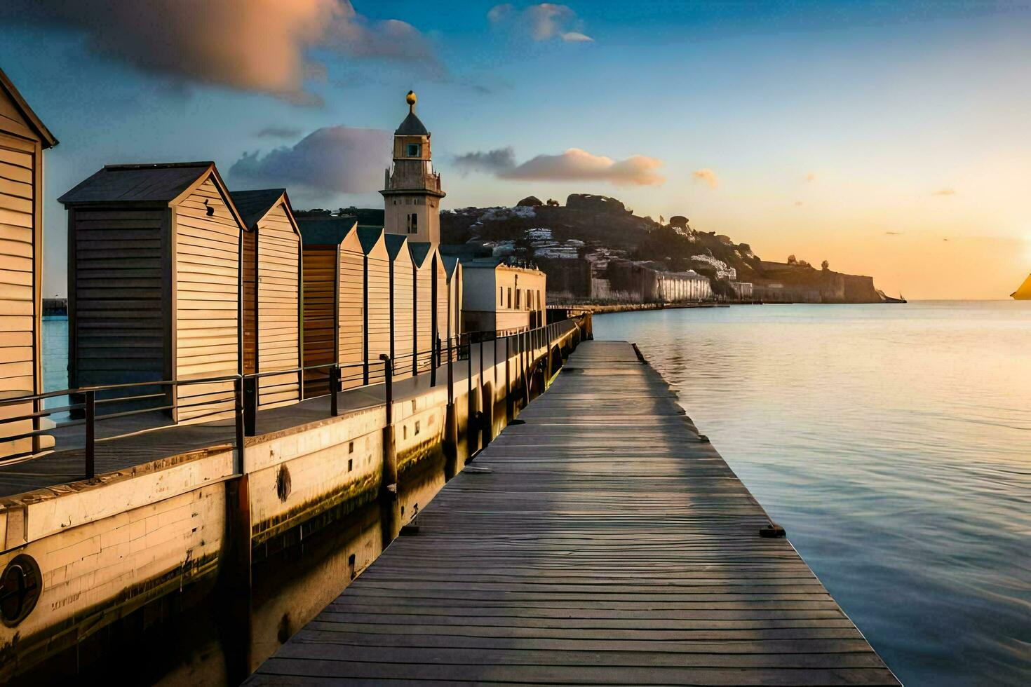 the sun sets over a pier and a row of wooden huts. AI-Generated photo